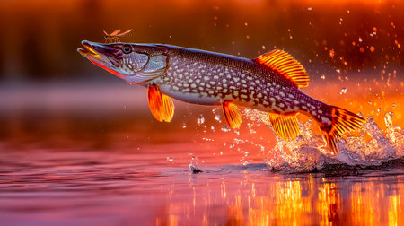 A lively fish bursts from shimmering waters as the sun dips below the horizon, displaying brilliant hues and energetic movement against a warm, glowing sky.の写真素材