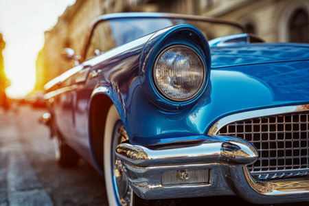 A nostalgic midnight blue vehicle featuring polished chrome accents gleams beneath the golden-hour...