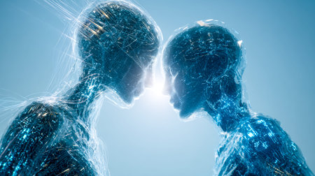 Two sleek, futuristic human icons gaze at each other amidst a radiant burst of light, symbolizing...