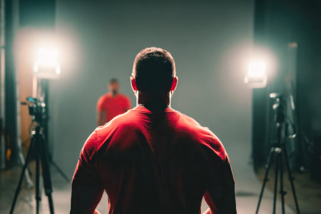 A confident, athletic individual in a vibrant red shirt stands before a polished interview setup,...