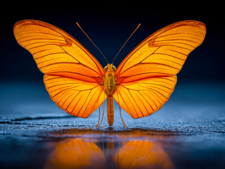A glowing orange butterfly with intricate wing details mirrors its fiery hues onto a glossy surface,...