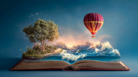 A vivid world unfolds from a page, with gentle waves, a vibrant balloon ascending, and a warm sunset...