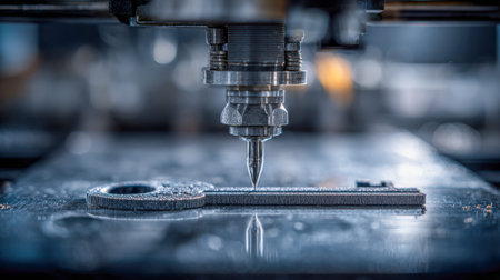 A high-precision waterjet device meticulously carves intricate designs into a metallic key...