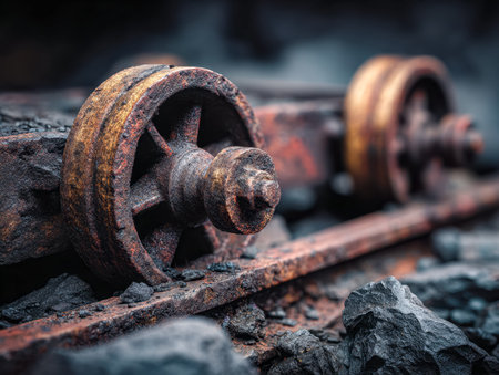 Weathered metallic wheels languish on forsaken rails, amid scattered remnants and decay, evoking...