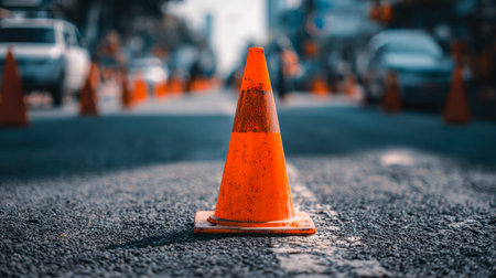 A vivid orange traffic cone stands prominently on rough asphalt, with a softly blurred cityscape of...