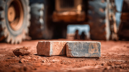 Vibrant red and cool gray bricks lie atop earthy reddish soil, with distant, softened construction...