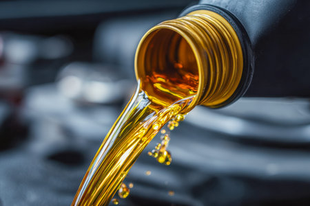 Warm, viscous automotive oil gracefully flows from a spout, capturing the essence of precise engine...