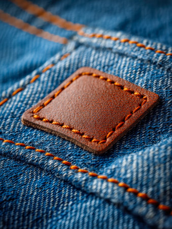 A textured view highlighting sturdy blue denim fabric, accented by a leather label and...