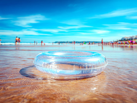 A clear, buoyant raft rests gently on the sandy coast under bright sunlight, evoking a peaceful...