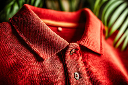 A vivid red garment featuring a detailed woven pattern, sleek buttons, and a crisp collar, perfect...