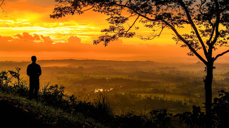 A solitary figure stands against a fiery horizon, gazing over a lush valley bathed in the warm glow...