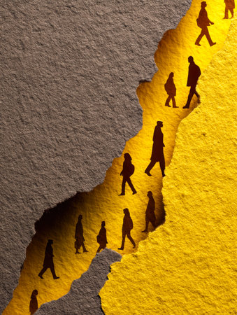 A group of travelers trekking along a winding path, overcoming rocky terrains under changing skies,...