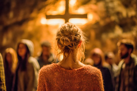 A woman addresses a gathered audience under gentle, amber-toned lights, with a luminous cross behind her casting a serene, contemplative glow.の写真素材