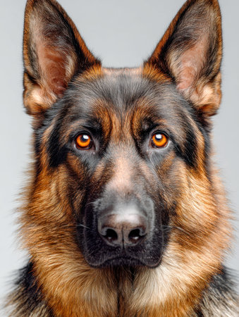A striking portrait captures a vigilant German shepherd's noble demeanor, showcasing vivid amber...