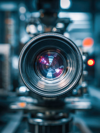 A detailed view of a camera lens showcasing polished reflections and complex mechanical components,...