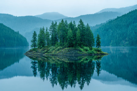 A peaceful island blanketed in vibrant pines mirrors perfectly on a placid lake, framed by...