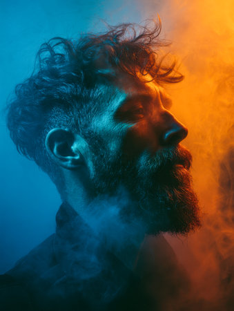 A moody, expressive portrait captures a bearded man with curly hair in profile, bathed in vibrant blue and orange hues, enveloped by swirling mist against a dark backdropのeditorial素材