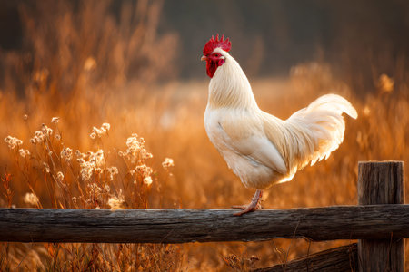 A majestic white rooster perches confidently on an aged wooden fence, basking in the golden glow of...