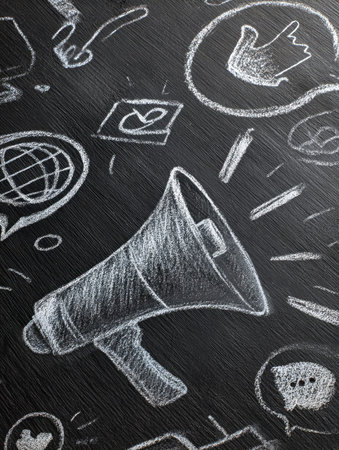 A vibrant digital illustration features a central megaphone encircled by icons representing social media, analytics, seo, and messaging, highlighting modern marketing strategies.の写真素材