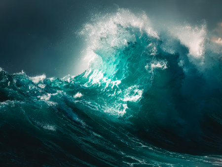A towering ocean swell crashes with a fierce crest, unleashing wild sprays and turbulent waters that...