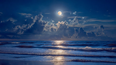 Gentle waves mirror the luminous sky as radiant clouds drift above, creating a serene, dreamlike panorama bathed in soft lunar glow.の写真素材