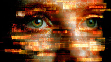 A captivating digital portrait featuring a human visage with emerald eyes, composed of luminous...