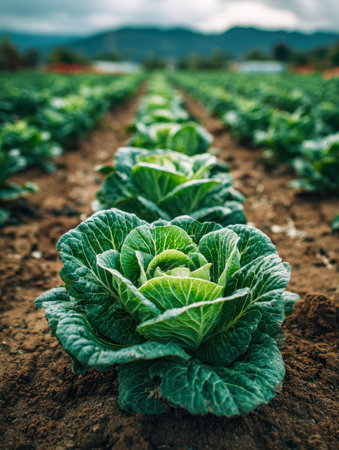 Vibrant cabbage crops flourish in a carefully tended farm, set against a moody sky and framed by distant mountains, showing thriving agriculture and natural beauty.の写真素材