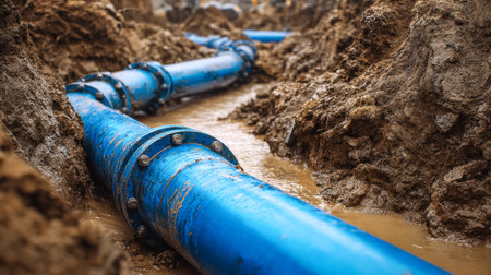 A detailed shot capturing a vibrant blue pipe embedded in a muddy excavation site, highlighting...