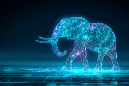 A glowing, translucent elephant composed of intricate light patterns hovers against a dark backdrop, symbolizing cutting-edge advancements and future tech progress.の写真素材
