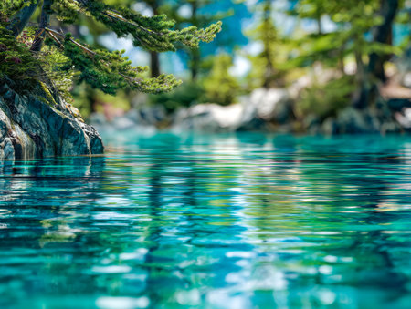 A peaceful alpine creek weaves through vibrant foliage and smooth stones, evoking serenity and...