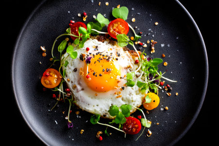A perfectly cooked sunny-side-up egg topped with vibrant microgreens and an array of ripe cherry tomatoes, creating a colorful and appetizing breakfast presentation.の写真素材