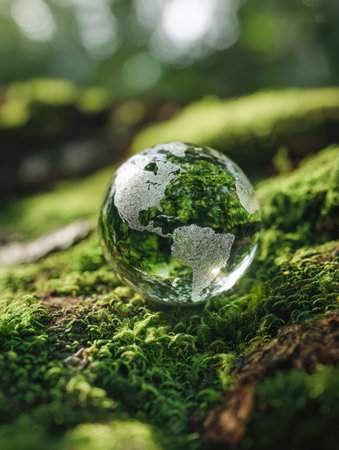 A transparent globe showcases vibrant forests, their reflections echoing the vitality of nature, set...