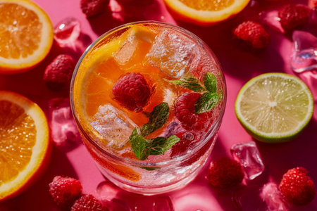 A vibrant, chilled drink infused with citrus and raspberry, garnished with cool mint, set against a...