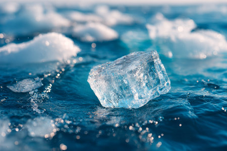 A delicate, transparent ice cube softens as it liquefies on the ocean?s surface, contrasting crisp...