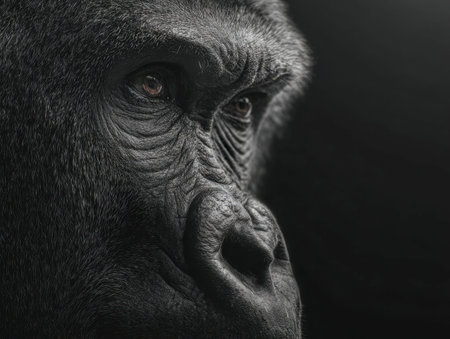An introspective gorilla's face emerges through intense chiaroscuro, revealing intricate skin...