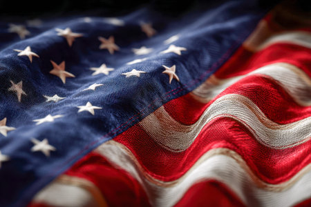 A detailed shot of a folded American banner showing textured fabric, bold hues, and intricate...