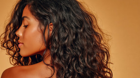 A radiant young woman with lush curly locks and flawless complexion gazes softly, set against a cozy amber-toned backdrop that enhances her natural glのeditorial素材