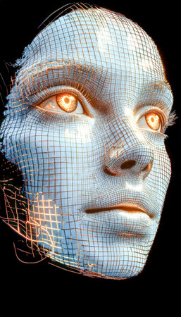 A sleek, high-tech visage featuring luminous eyes and a complex wireframe construct, evoking a...