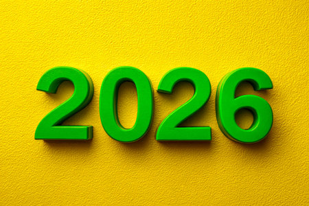 Vibrant green numerals symbolize progress and renewal against a warm, textured yellow backdrop,...