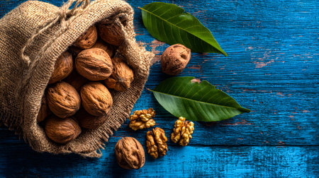 Crisp green leaves and cracked walnuts are arranged on a lively blue wooden background, evoking...