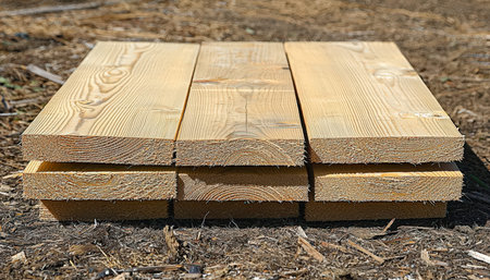 Weathered timber sections arranged in a neat pile on earthy ground, suggesting a rustic workshop or preparation for outdoor construction.の写真素材
