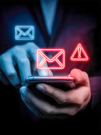 A hand holds a smartphone illuminating the dark with vibrant, floating icons of unread emails and...