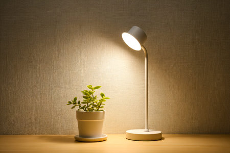 Warm ambient light from a modern lamp highlights a lush potted plant, creating a cozy, inviting...