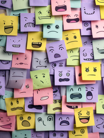 Bright sticky notes featuring diverse hand-drawn faces display a spectrum of feelings, ideal for...