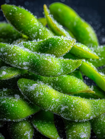 Vibrant edamame pods covered with a delicate frost, contrasted against a deep, shadowed backdrop, evoking freshness and cool, natural appeal.の写真素材