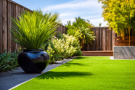 A contemporary outdoor retreat featuring vibrant grass, eye-catching foliage, and a rustic wooden...