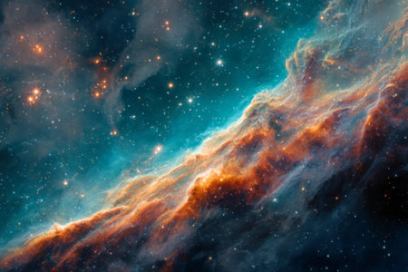 A mesmerizing cosmic vista features swirling hues of violet, orange, and teal amidst detailed gas clouds, set against a glittering stellar backdrop in deep space.の写真素材