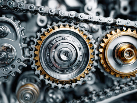 Interlocking metal cogs and a robust chain reveal precise craftsmanship and dynamic movement within...