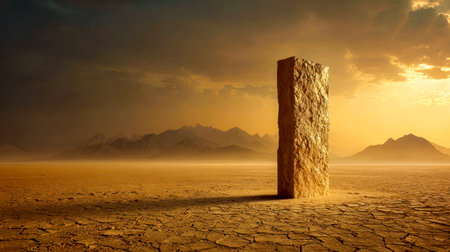 A lone ancient pillar rises amid empty sands as twilight paints the sky with warm hues, with distant...