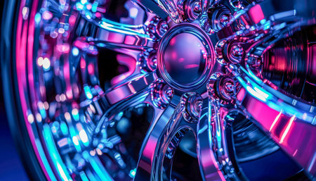 A sleek, high-tech wheel gleams with reflective metal surfaces, bathed in vivid neon accents,...